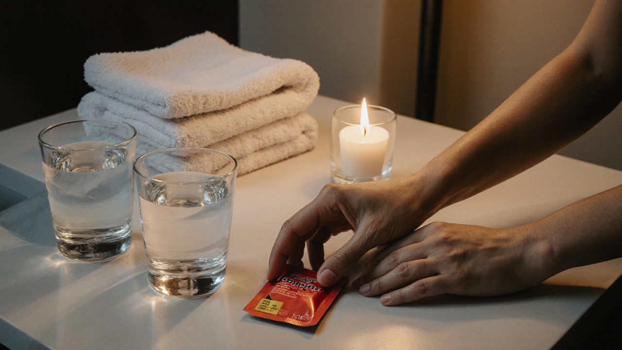 A nightstand with a condom, water glasses, and a candle, symbolizing safe and respectful casual intimacy.