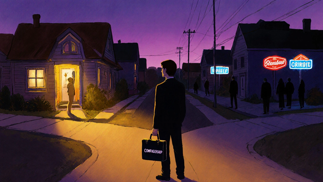 A person standing at a crossroads, choosing between genuine connection and paid companionship.