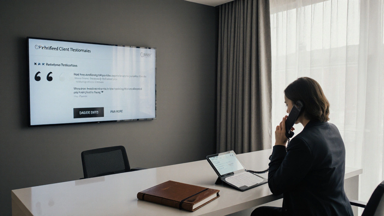 A professional escort agency office in Mayfair with a calm receptionist and encrypted payment screen.