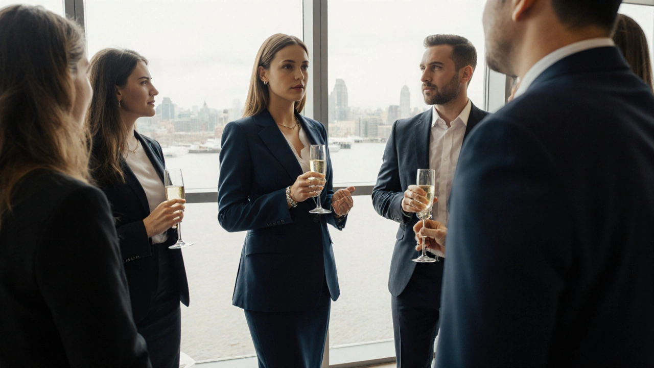 A professional woman engaging confidently with a group at a corporate event in Canary Wharf.