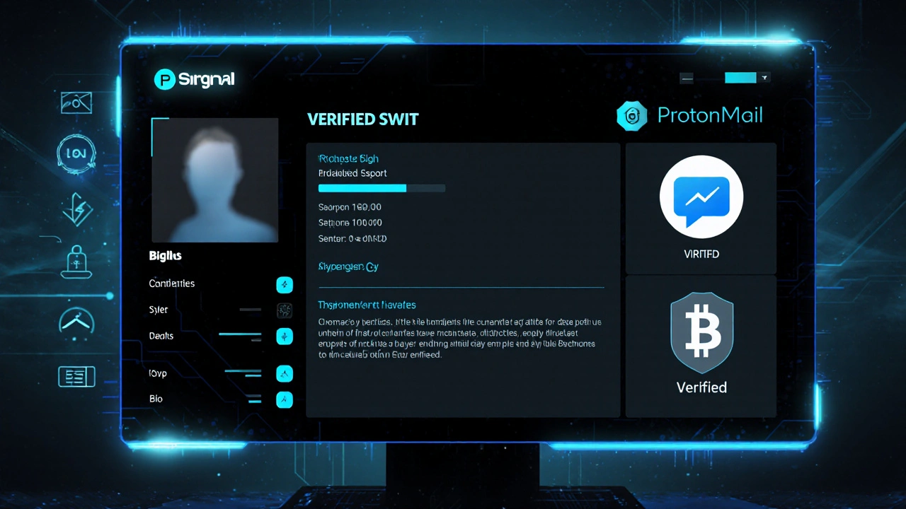A secure online escort profile with verified badges and encrypted communication icons.