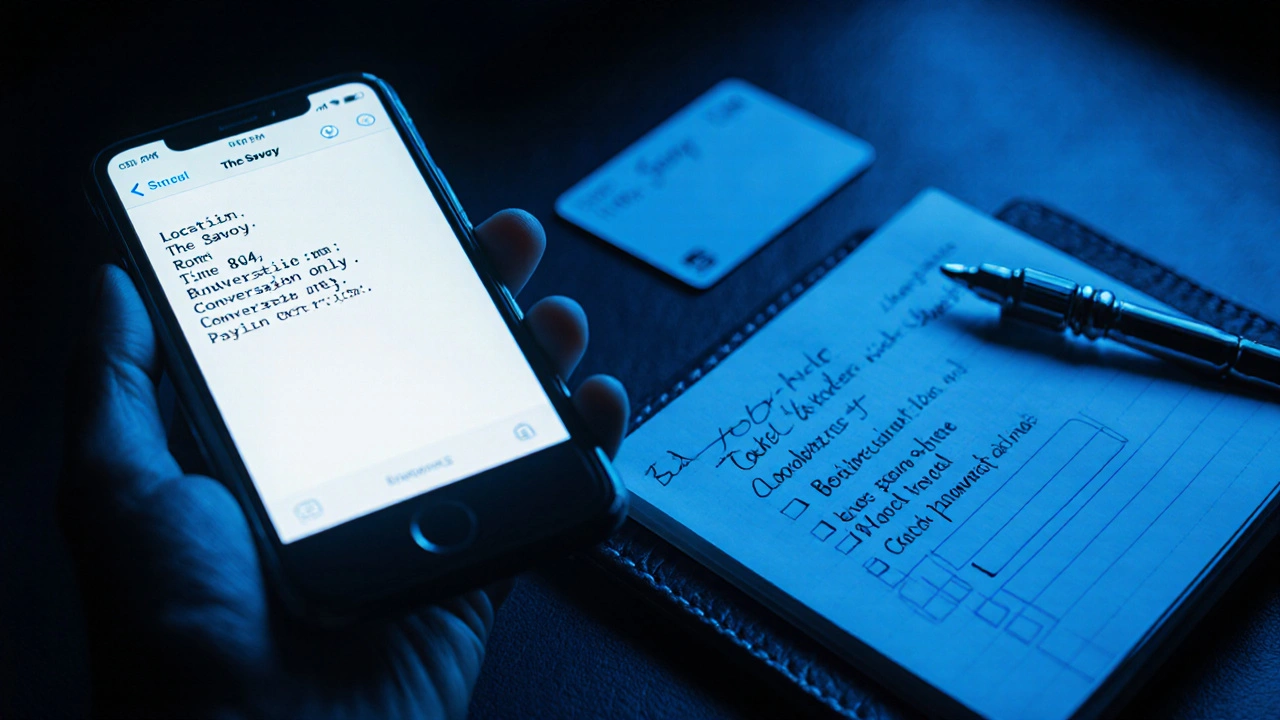 A smartphone screen displays secure messaging details for a discreet encounter.