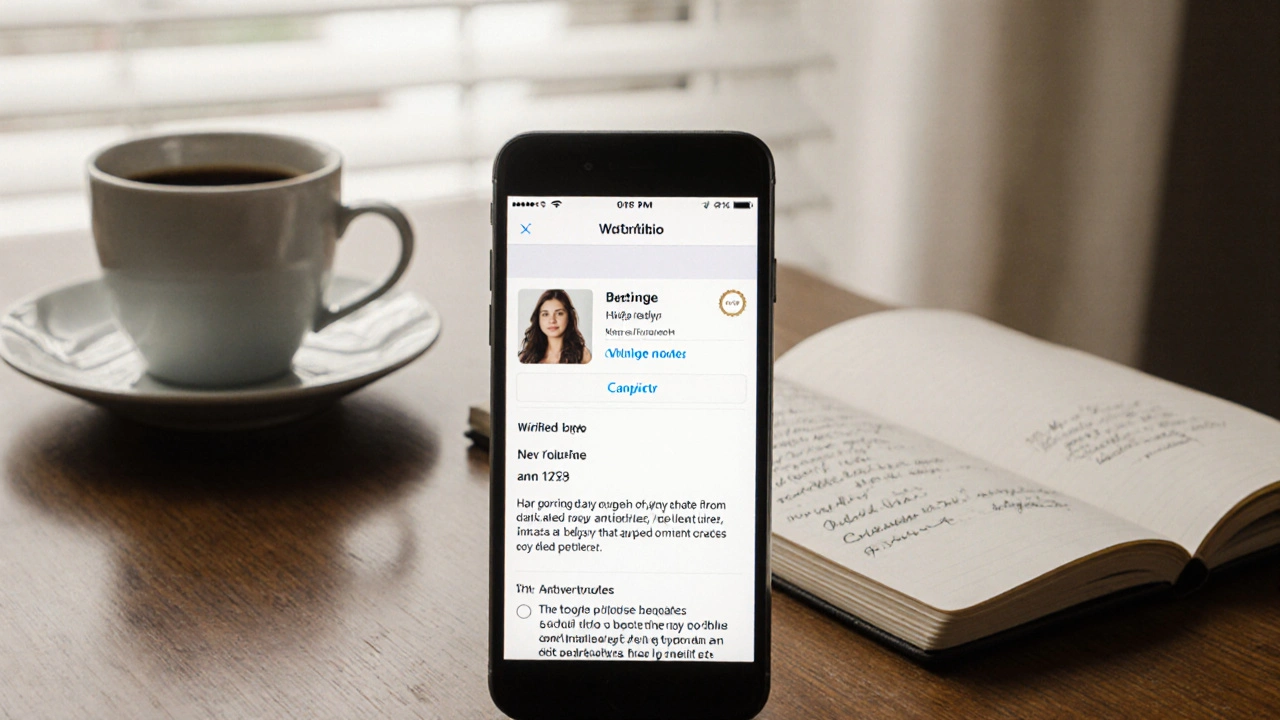 A smartphone showing a verified companionship profile with clear boundaries and no explicit content.