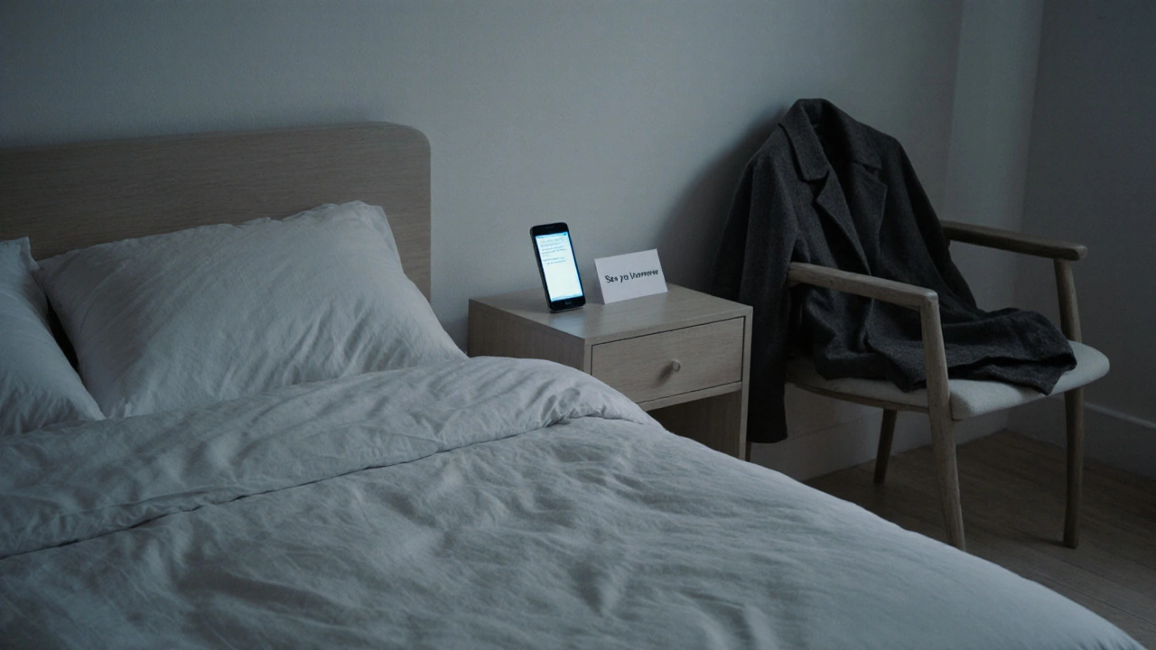 A softly lit bedroom at dawn with a glowing phone and a note, hinting at consistent companionship.