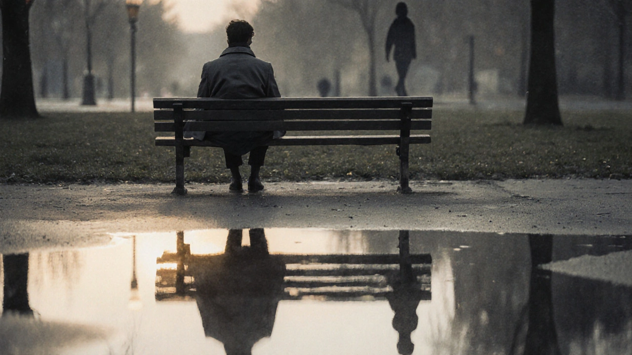 A solitary figure sits on a park bench at dawn, reflections hinting at unseen connection.