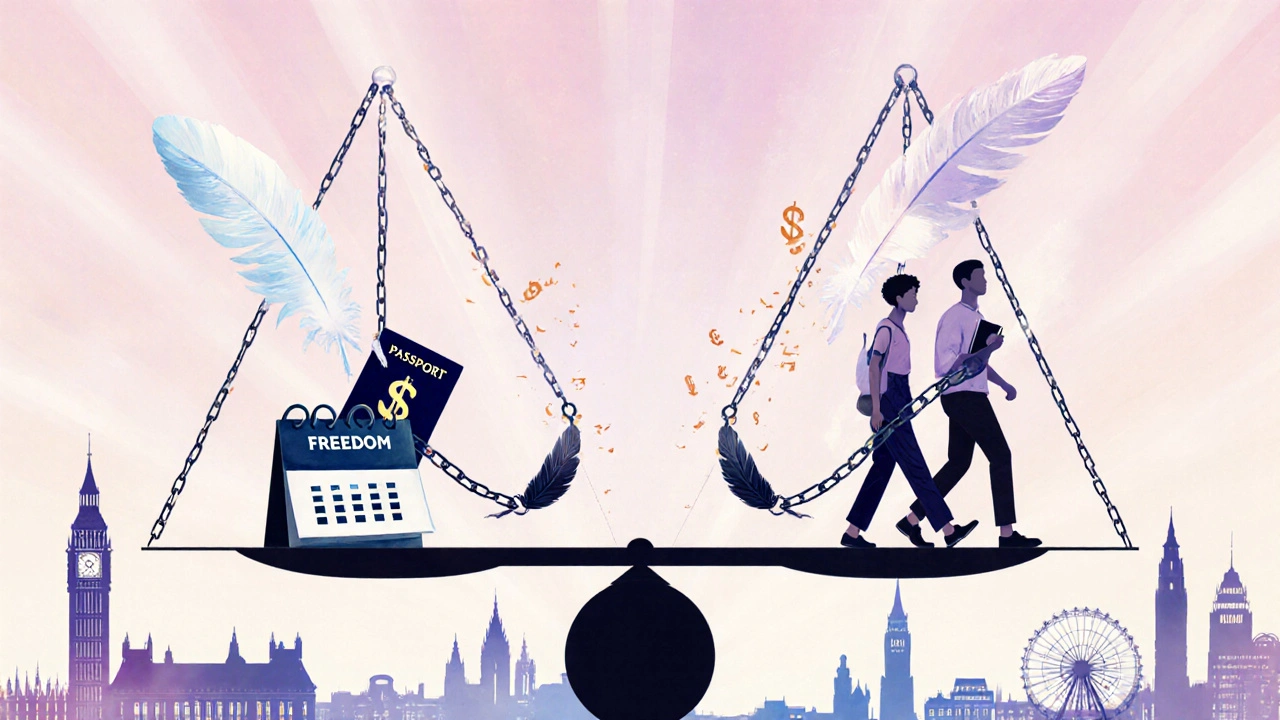 A symbolic scale representing freedom and autonomy in escort work, with diverse figures stepping forward.