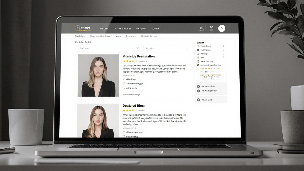 A trusted escort directory website showing verified profiles with reviews on a laptop screen.