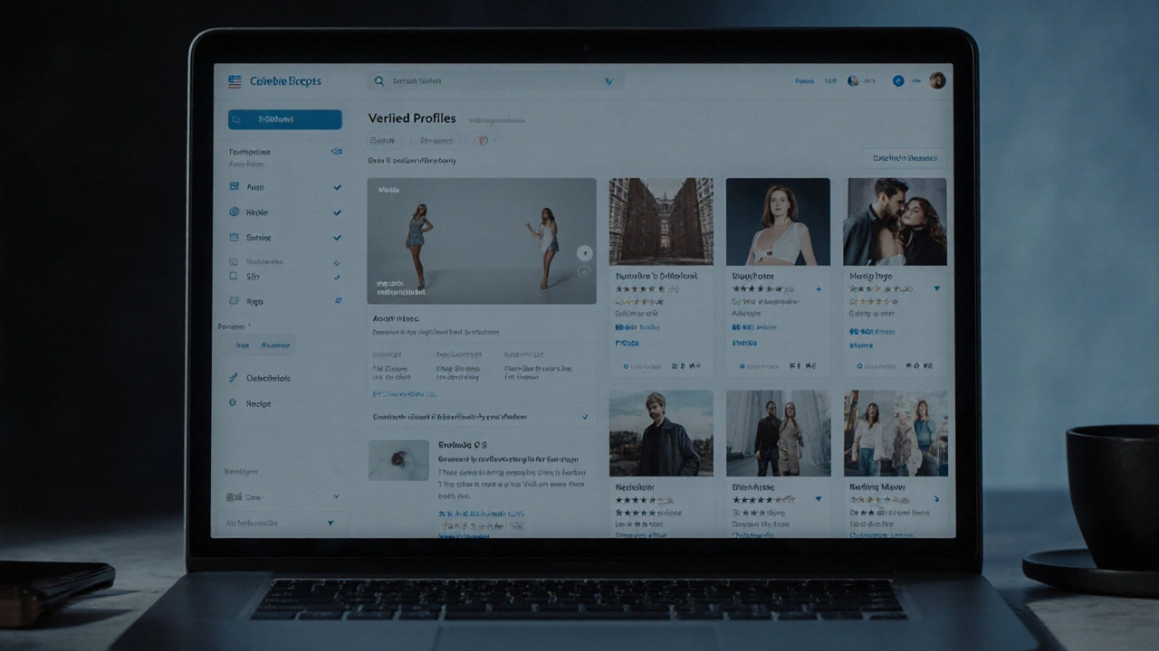 A verified escort directory interface with profile reviews on a laptop.