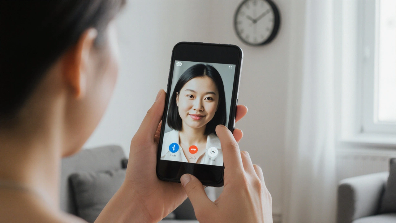 A video call screen showing a calm Asian woman in a neutral London setting.