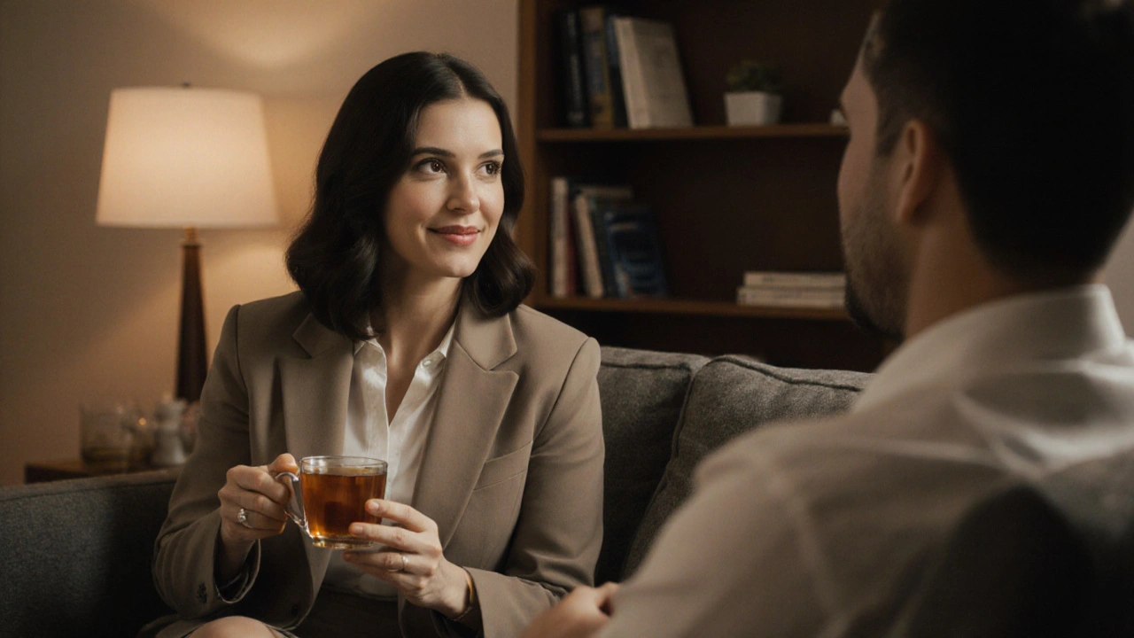 A woman and client sitting calmly on a sofa, sharing a moment of emotional connection.