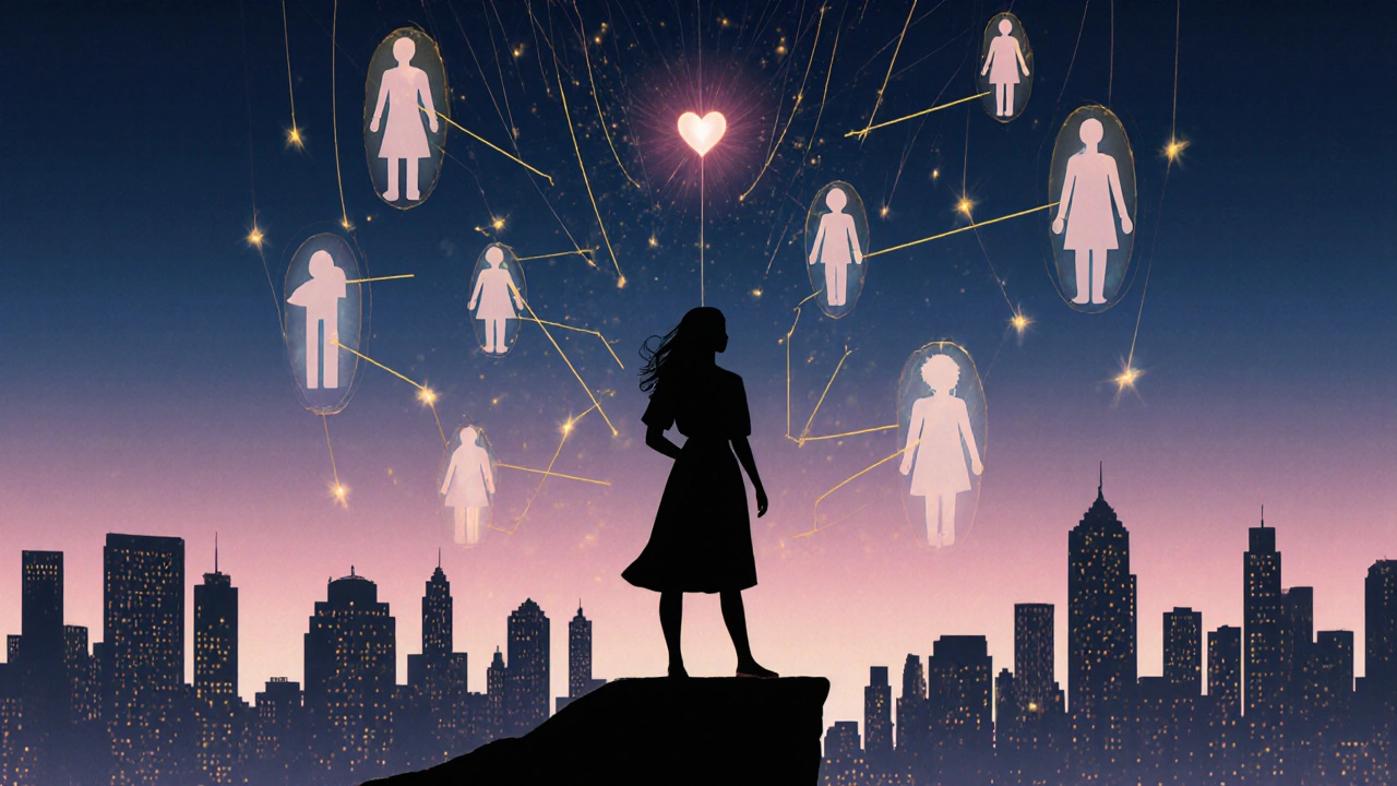 A woman at dawn surrounded by translucent figures representing diverse clients and identities, connected by golden threads.