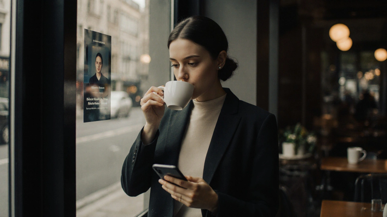 A woman sits alone in a London coffee shop, quietly checking her phone.