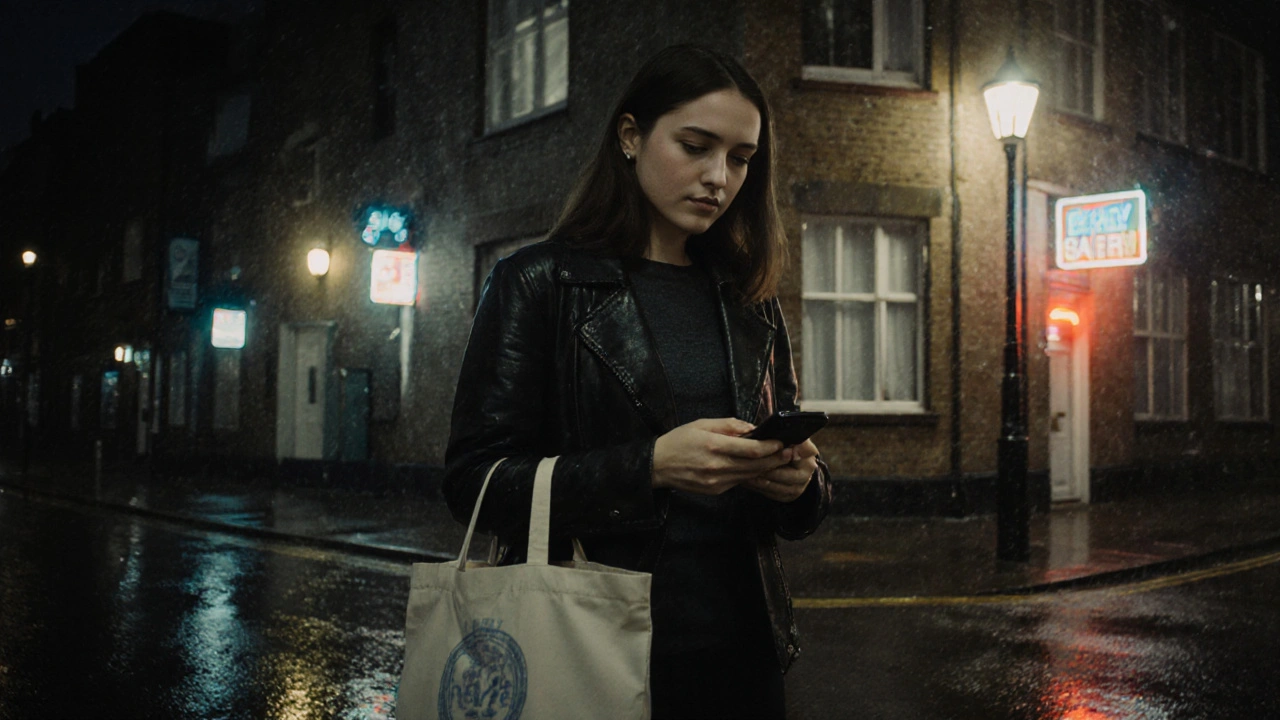 A woman standing outside her London apartment building, looking confident and safe at dusk.