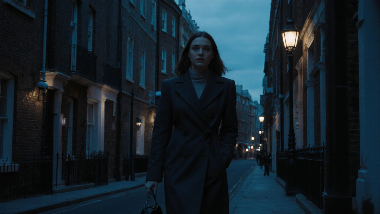 A woman walking confidently down a safe, well-lit London street at dusk.