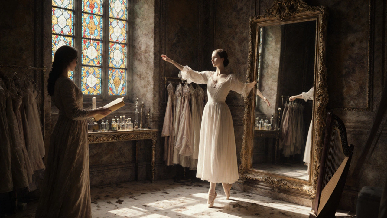 A young woman practicing dance in a training atelier, surrounded by gowns and perfumes under sunlight.