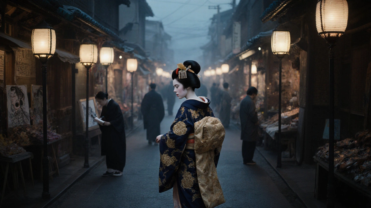 An Edo-period Japanese courtesan walking through Yoshiwara, inspiring fashion and art.