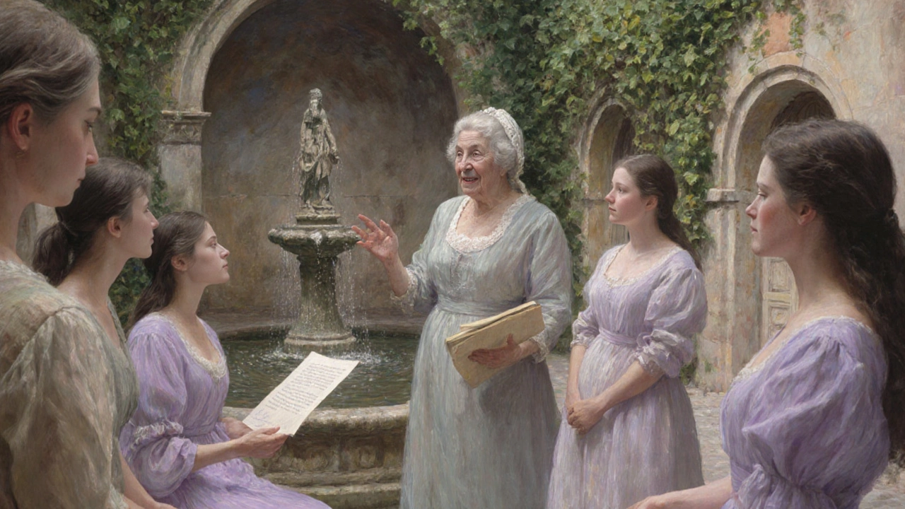 An elderly former courtesan teaching young women poetry and etiquette in a peaceful garden.