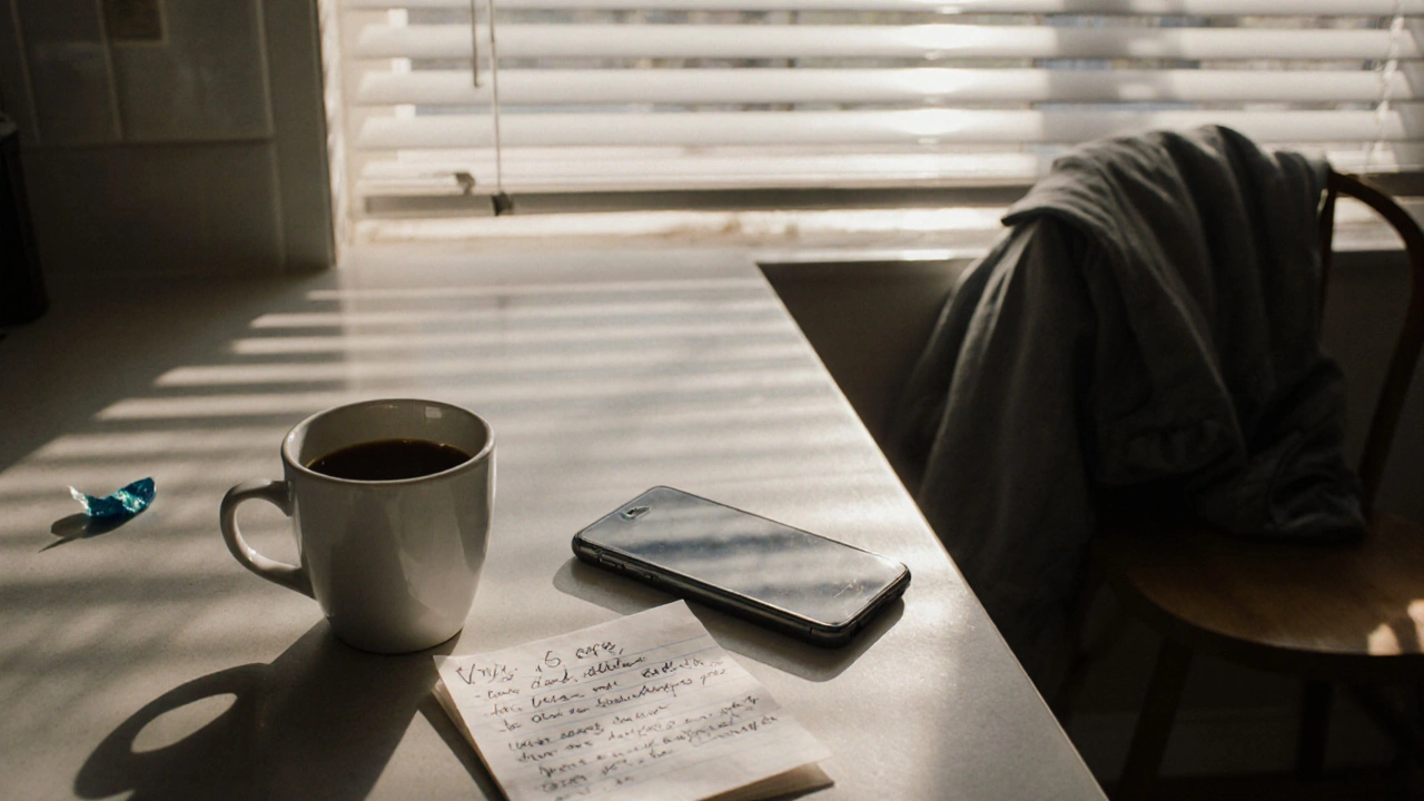 An empty kitchen counter with a note, coffee cup, and jacket — a quiet moment after intimacy.