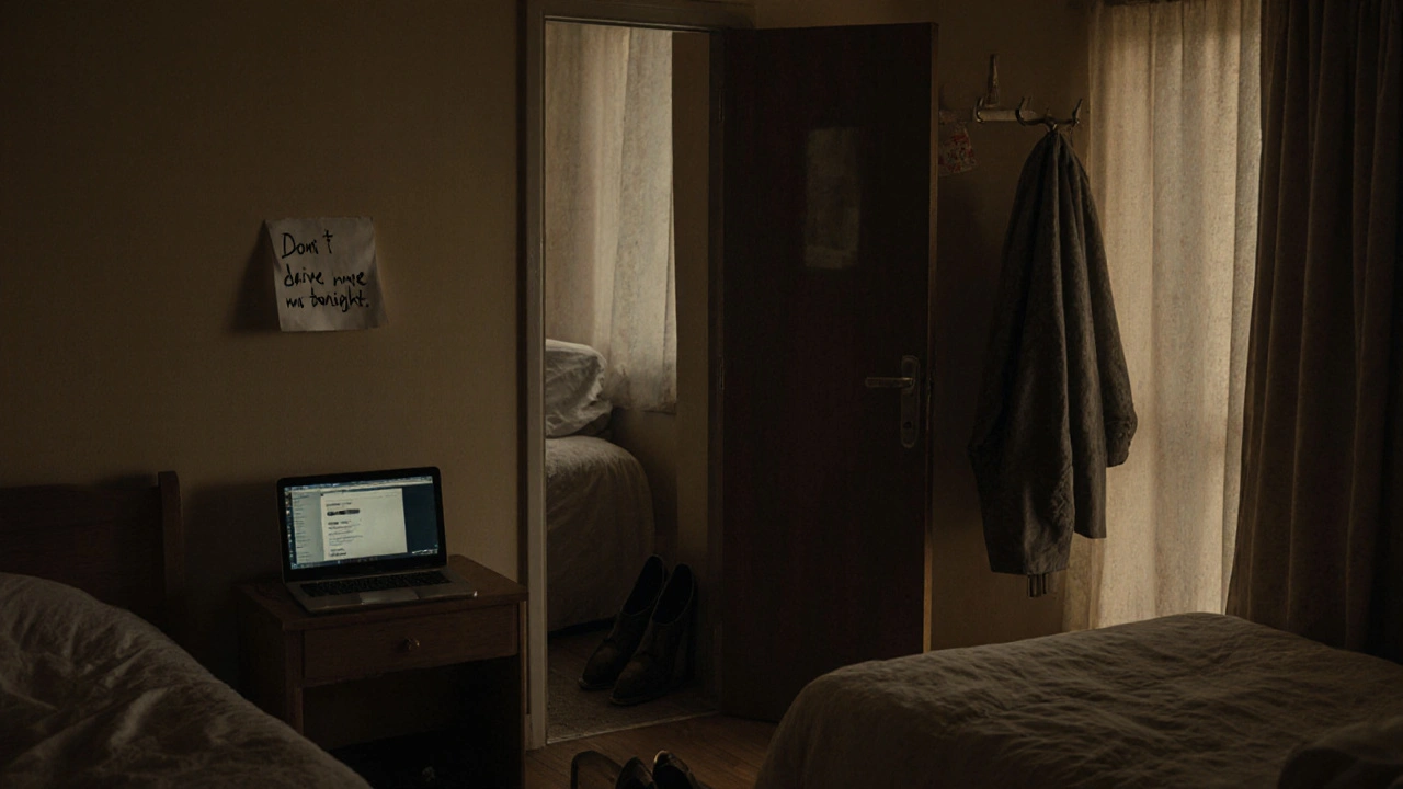 An empty shared flat at dawn with a laptop open to a deleted ad and a coat half-hung on a hook.
