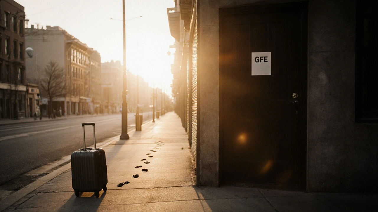 An empty street at dawn with a suitcase beside a door, suggesting a quiet departure.