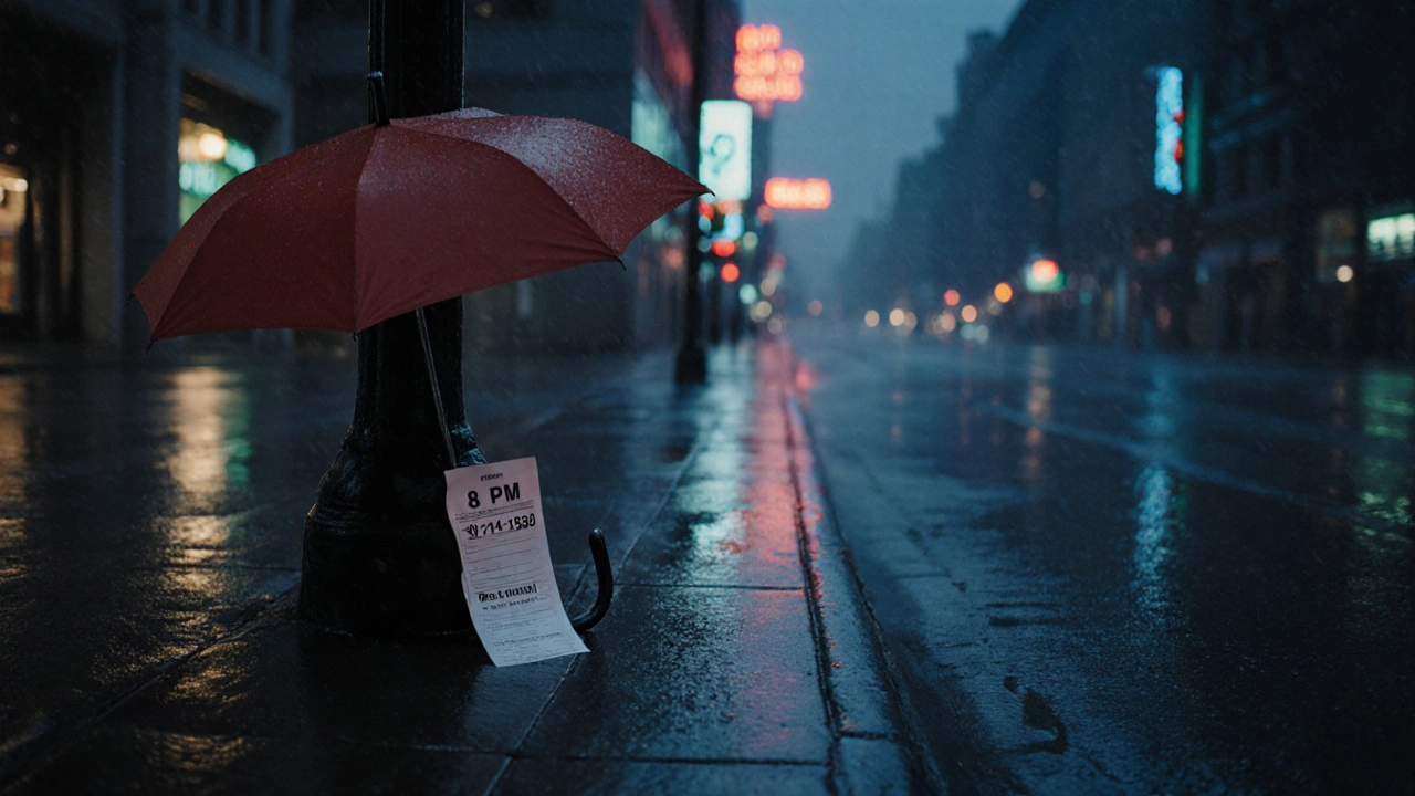An empty street at twilight with a red umbrella leaning against a lamppost.
