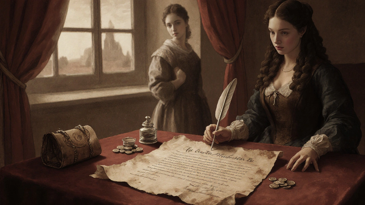 An old contract signed by a courtesan, symbolizing her financial independence and agency.
