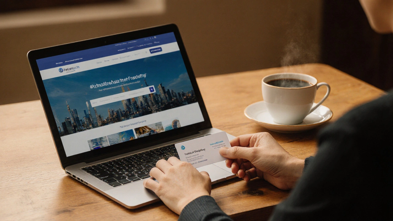 Business card and laptop displayed on a table, symbolizing safe and responsible escort search.