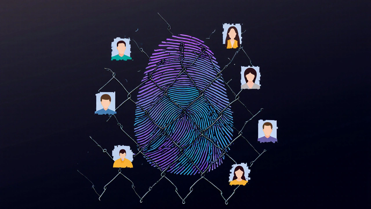 Digital fingerprint transforming into a chainlink fence surrounded by fragmented profile images.