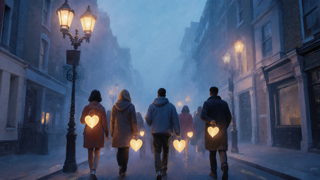 Diverse individuals walking through misty London streets at dusk, each carrying a glowing heart-shaped lantern.