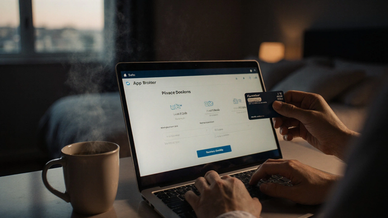 Hands holding a payment card and laptop, with a safety app notification visible, in a softly lit bedroom.