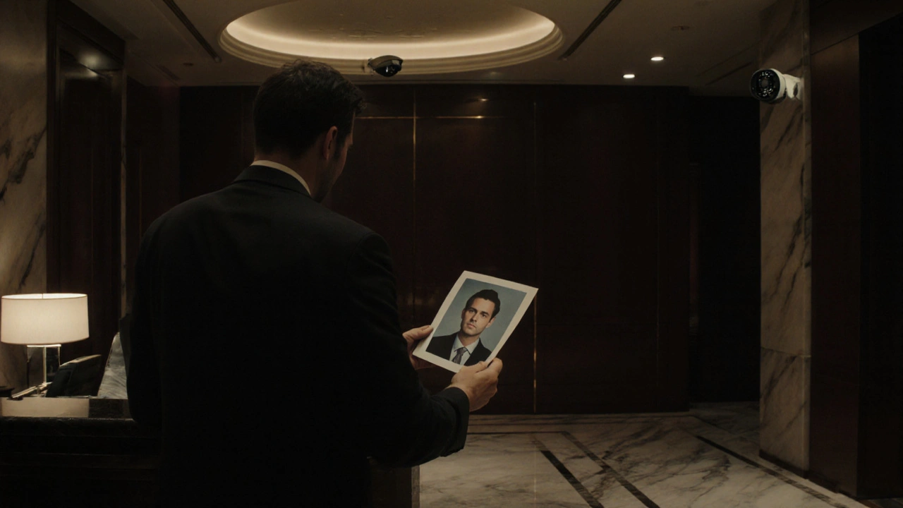 Man hesitating in a hotel lobby with a printed profile, security camera overhead.