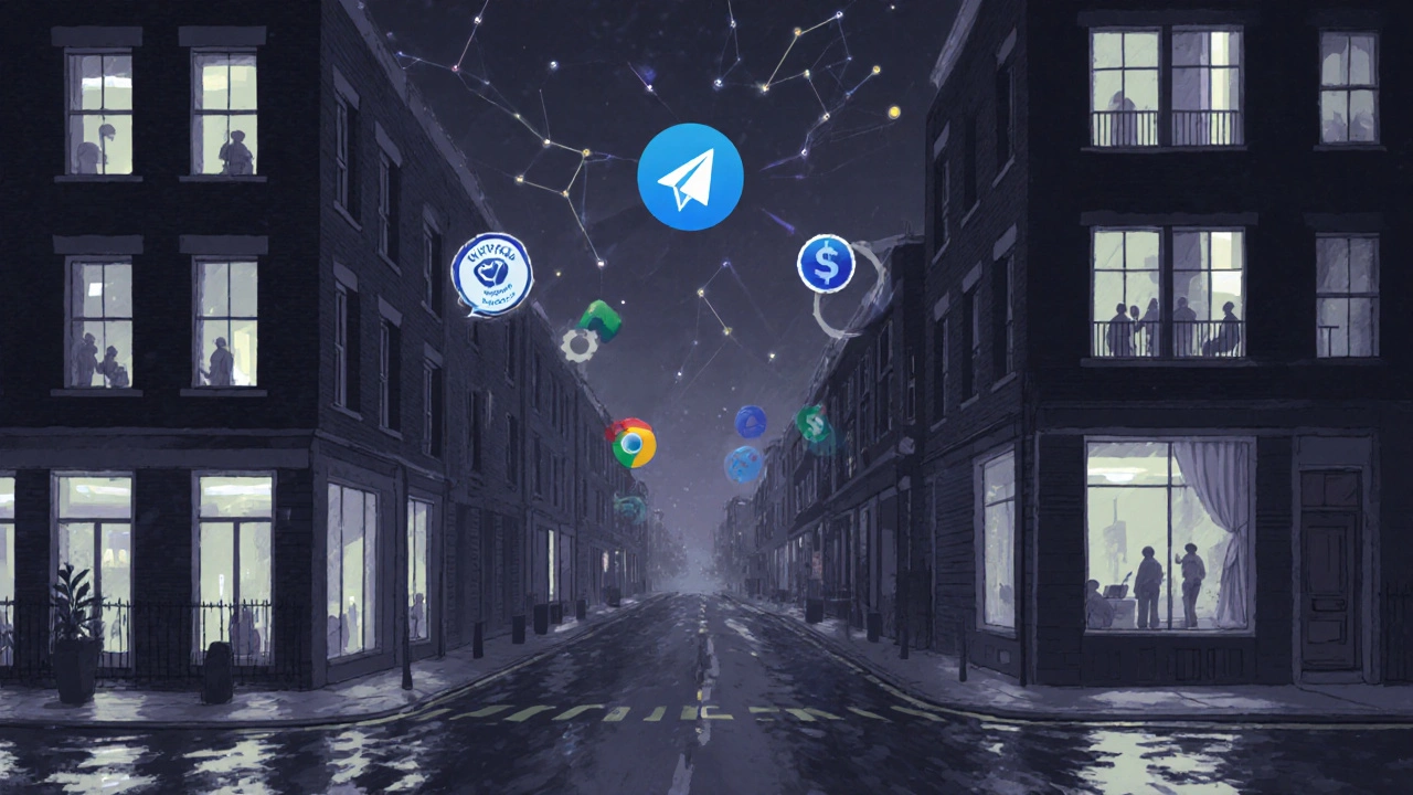 Nighttime streets of East London with digital app icons glowing in apartment windows, no street workers visible.