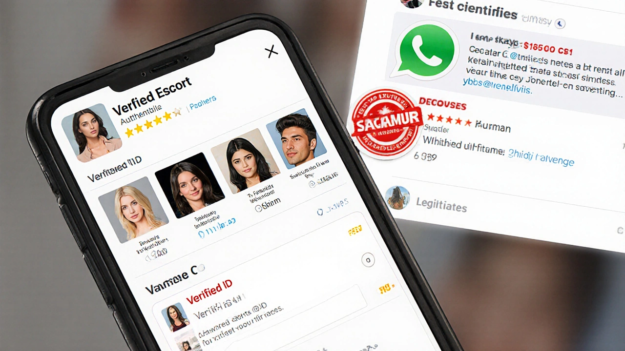 Smartphone screen showing verified escort profile with reviews, next to fake scam messages.