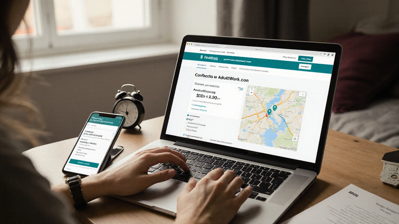 Someone reviewing a verified online platform on a laptop with digital payment visible.