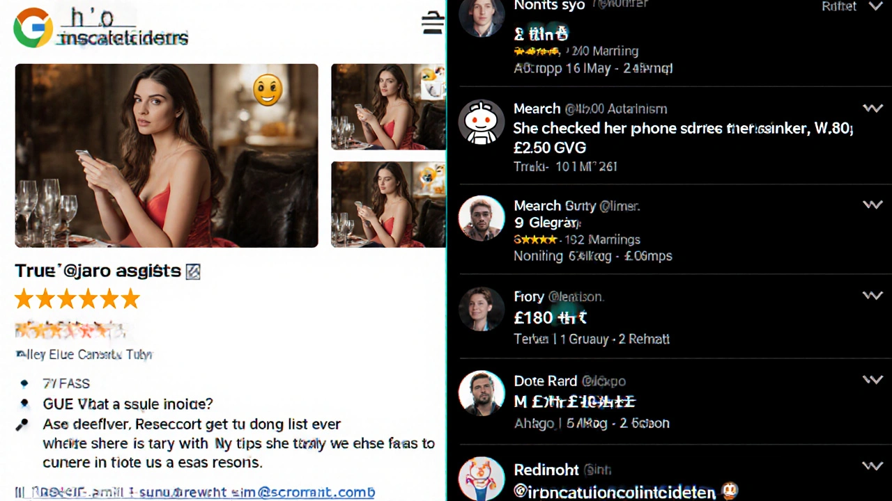 Split image contrasting fake promotional ads with authentic client reviews.