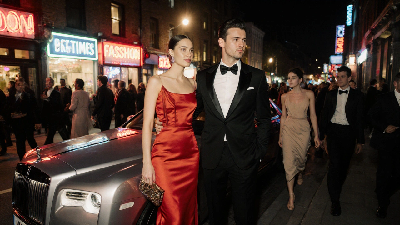 Two elegantly dressed companions beside a luxury car outside a London Fashion Week party.