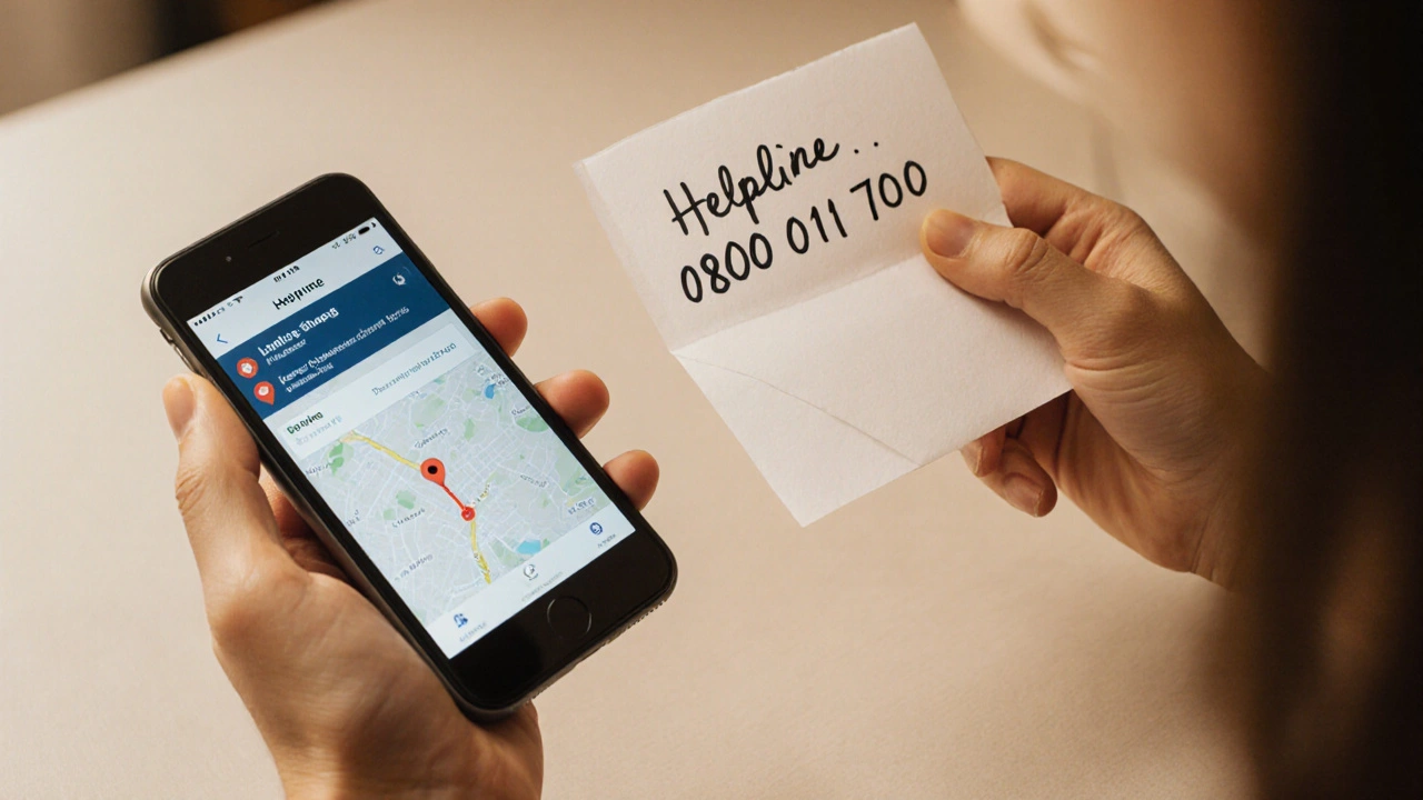 Two hands exchanging a phone with safety app and a written helpline number.