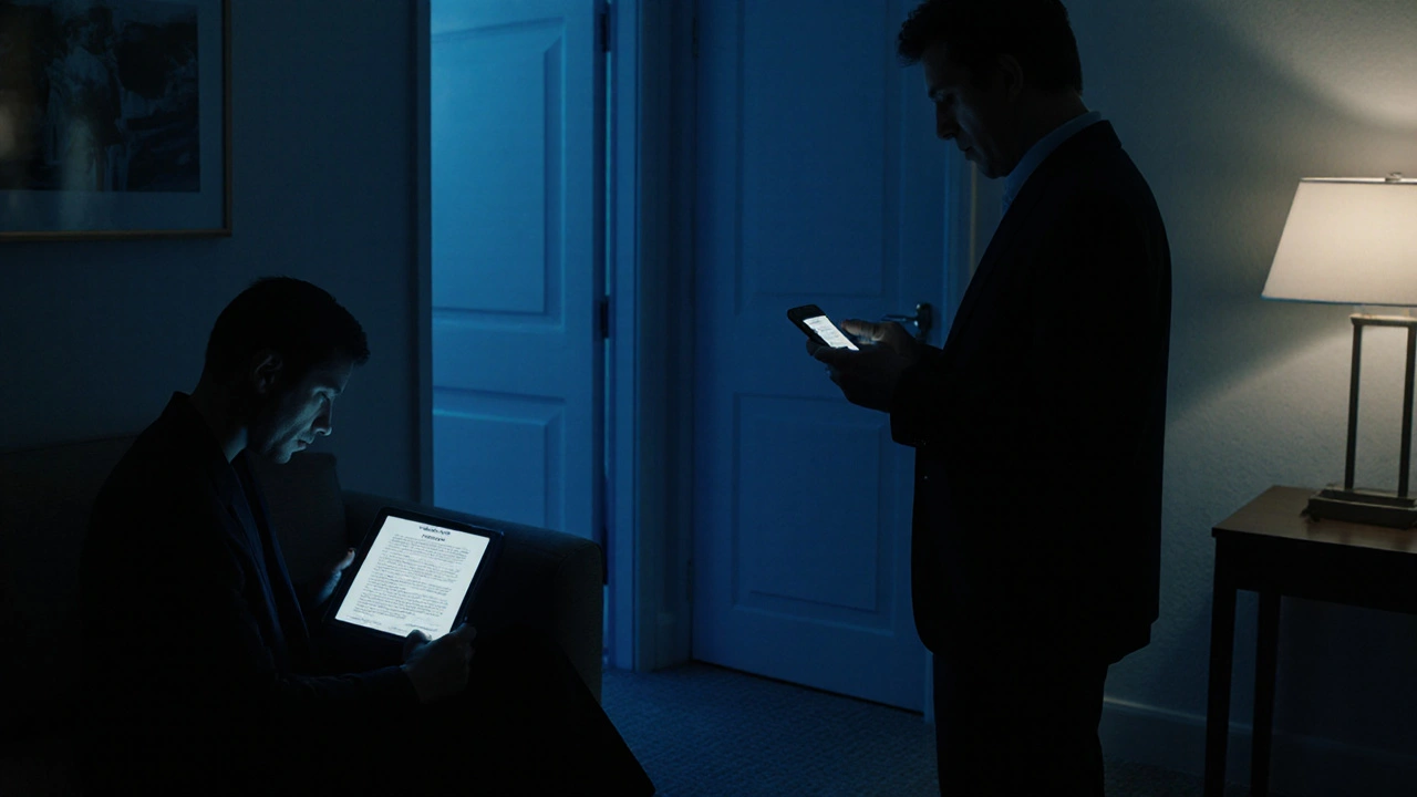 Two individuals in a hotel room maintaining boundaries, using safety apps with soft evening lighting.