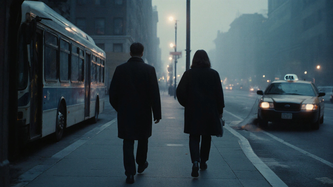 Two individuals walking in opposite directions at dawn, parting with dignity and space.