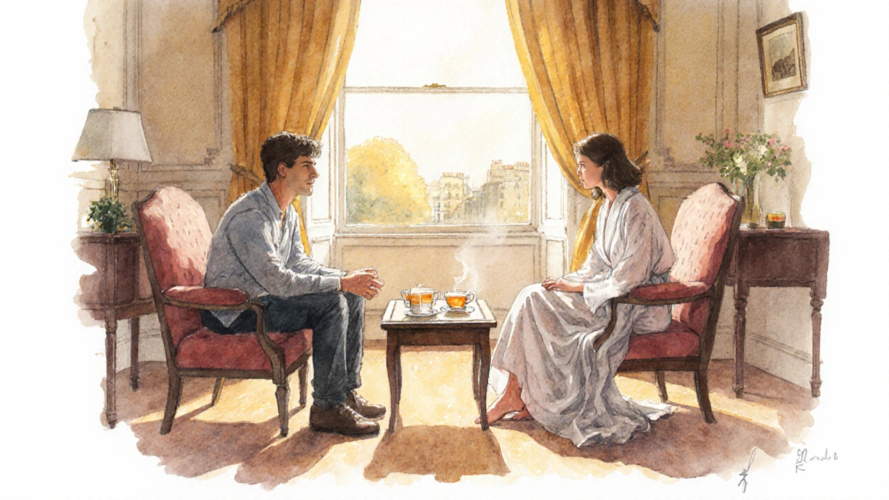 Two people sharing a quiet, respectful moment with tea in a cozy London hotel room, focused on connection.
