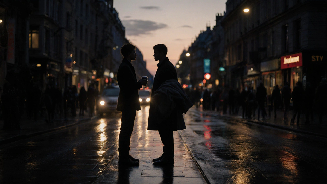 Two people standing apart on a rainy London street at dusk, unspoken understanding between them.