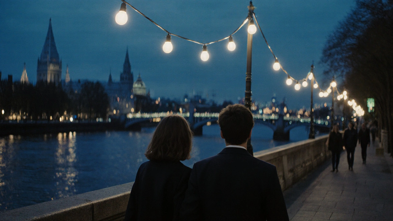 Two people walking peacefully along the Thames at dusk, enjoying companionship without intimacy.