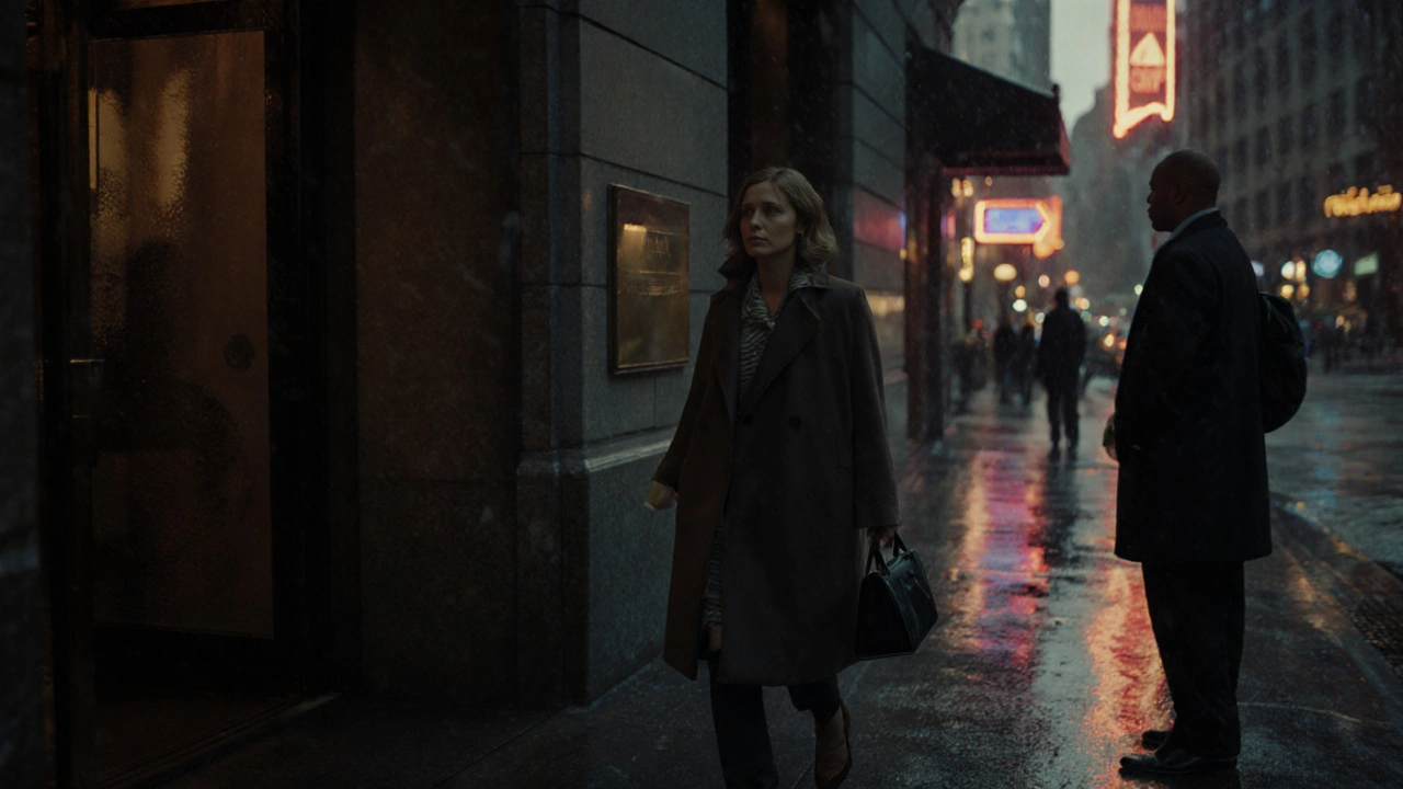 Woman walking away from hotel at dusk, shadowy figure watching from afar.