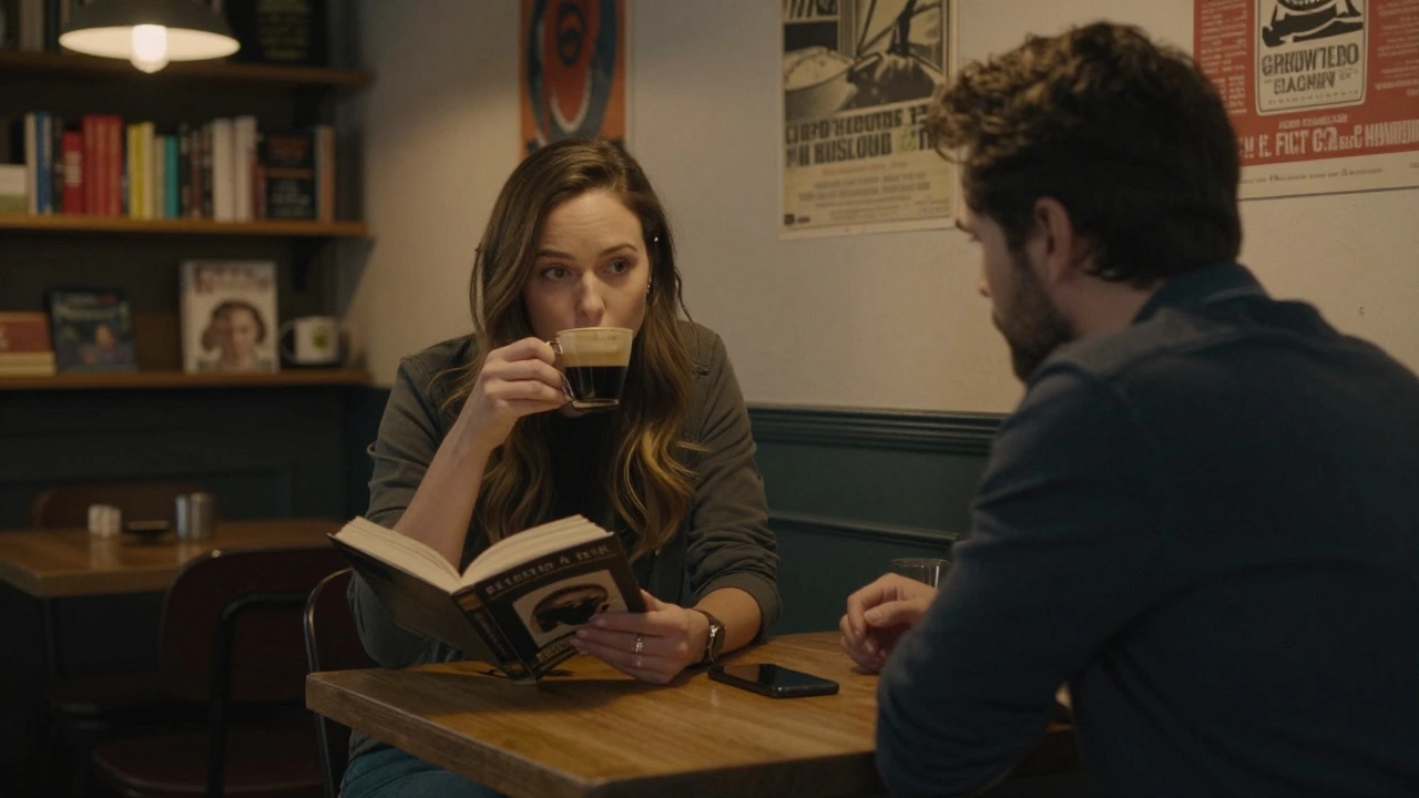 A BBW escort and client sharing a quiet coffee in a Shoreditch café, engaged in thoughtful conversation.