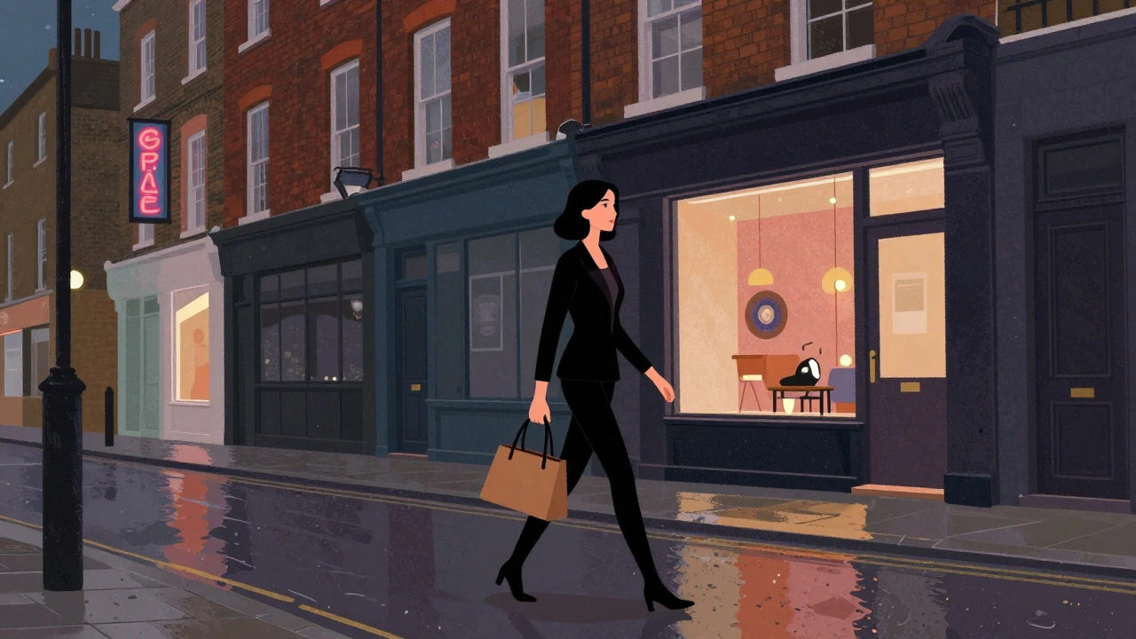 A confident woman walks through the neon-lit streets of Shoreditch at night, symbolizing independent escort work in East London.