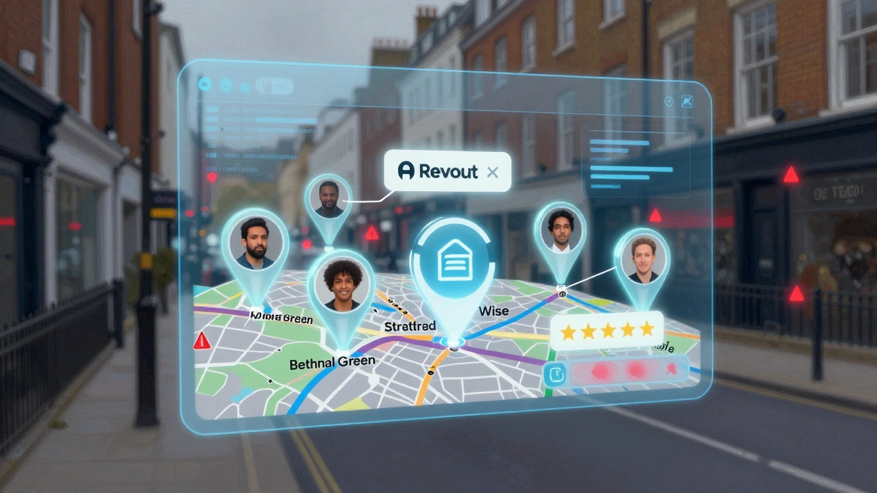 A digital map shows verified escort locations in East London with secure payment icons, contrasting unsafe areas with warning symbols.