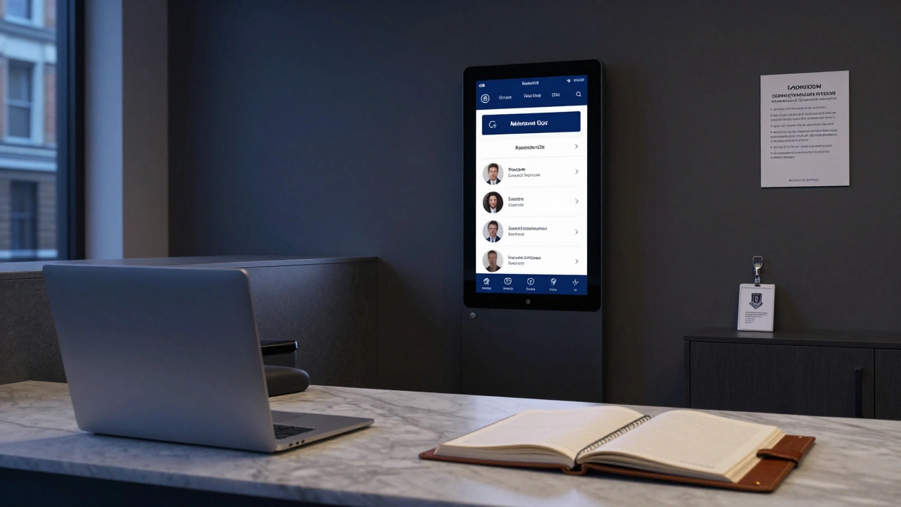 A discreet luxury escort agency office with digital profiles and secure client logs.