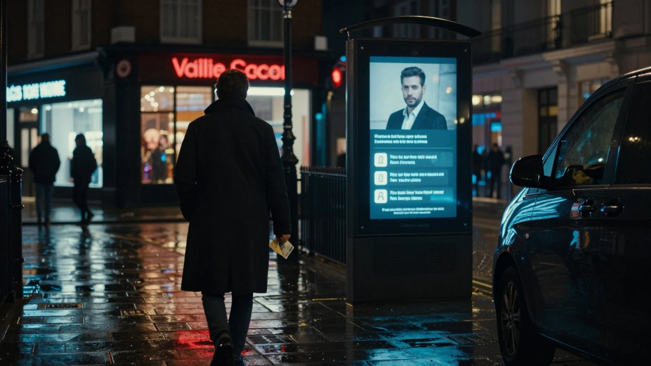 A figure walking confidently through rainy London streets, carrying cash for a private arrangement, under discreet digital testimonials.