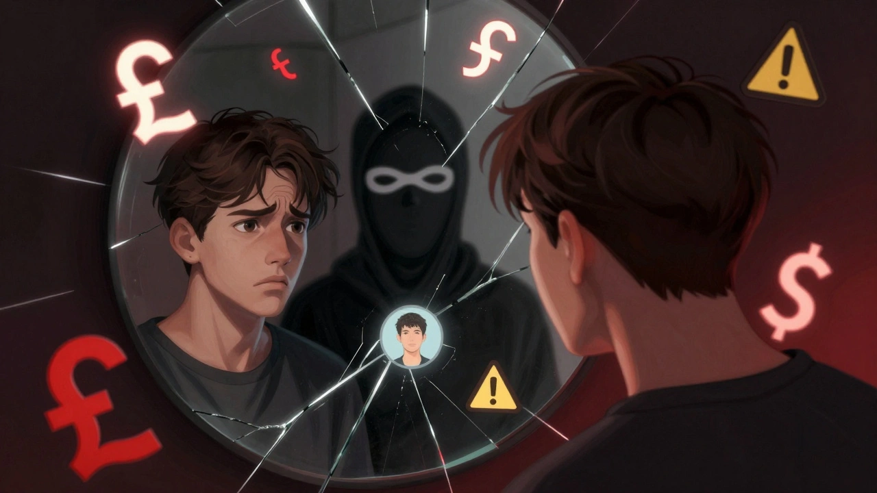 A fractured mirror showing multiple faces and warning symbols, representing the hidden risks of cheap escort services.