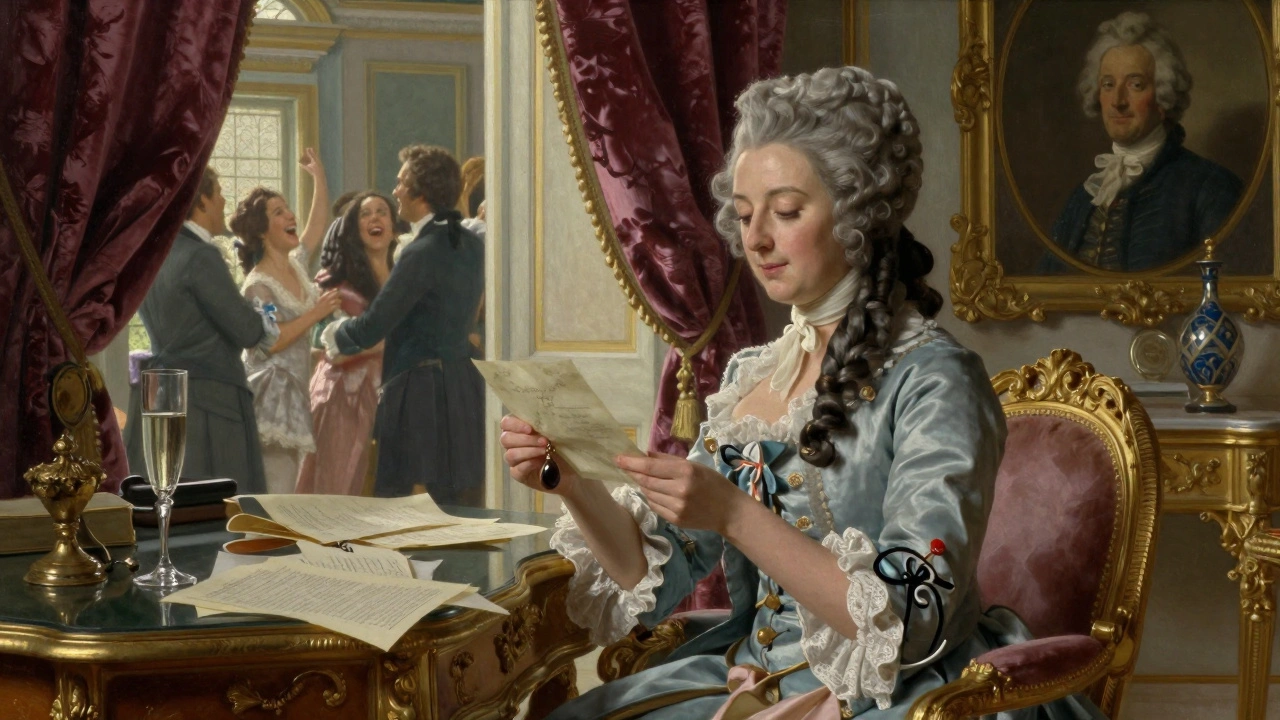 A French courtesan alone in her boudoir, holding a letter and locket with contracts nearby.